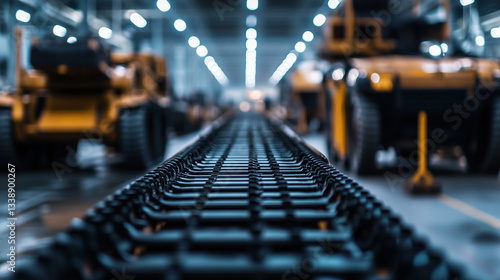 Wallpaper Mural Detailed close-up of tank tracks being assembled on an industrial conveyor belt, showcasing the mechanical complexity of military vehicle manufacturing. Torontodigital.ca