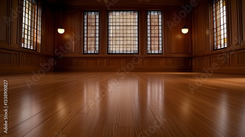 Empty Room with Dark Brown Wood Paneling and Polished Floor
