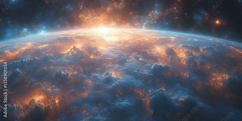 Celestial Dawn: A mesmerizing view of planet earth, with vibrant hues of orange and blue illuminating the atmosphere, evokes a sense of wonder and the mysteries of the cosmos. Celestial Dawn: A mesmerizing view of planet earth, with vibrant hues of orange and blue illuminating the atmosphere, evokes a sense of wonder and the mysteries of the cosmos.