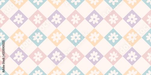 Cute retro colorful pastel daisy floral fun rhombus check vector repeat background design