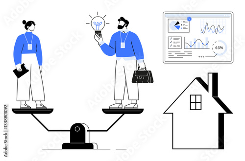 Two individuals balancing on a seesaw, presenting ideas. Lightbulb symbolizes innovation, analytics screen shows data insights, and house icon implies housing. Ideal for teamwork, innovation