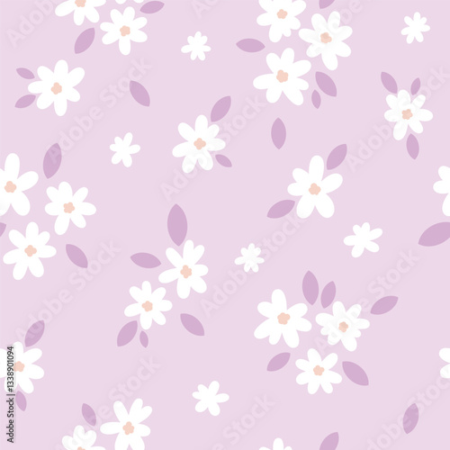 Cute ditsy daisy pastel oink girly seamless repeat vector pattern with flower doodles, girly summer print tile