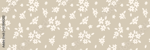 Warm neutral ditsy daisy floral banner, vector pattern flower background with cute doodle daisies, vintage wallpaper