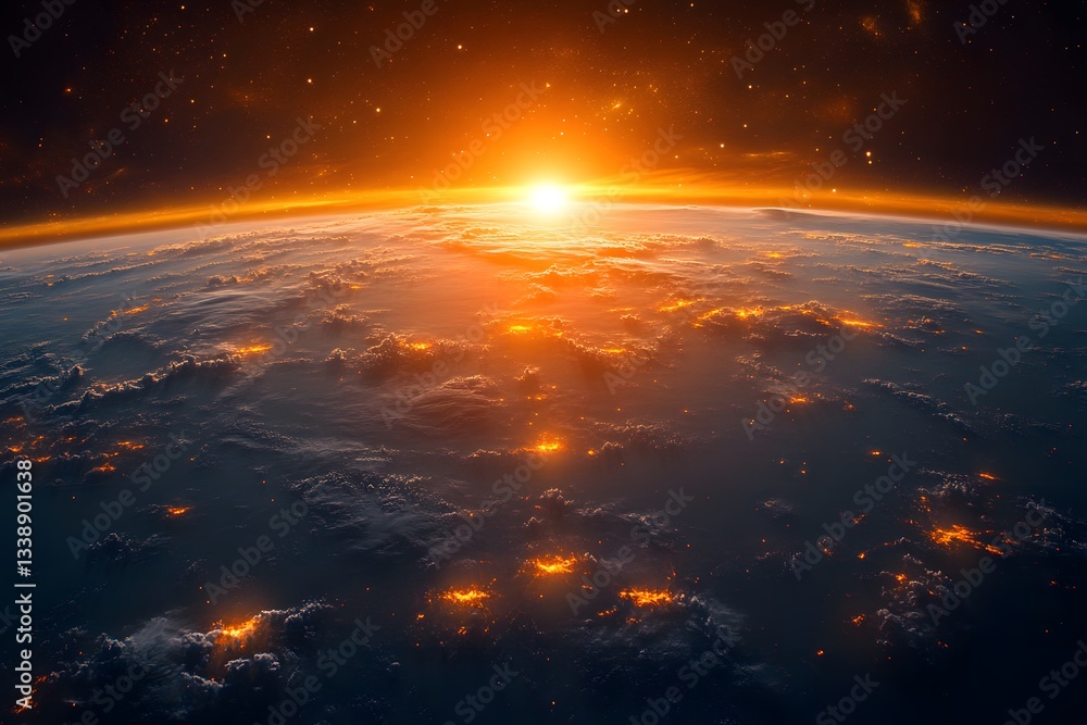 Fototapeta premium Celestial Dawn: Witness the awe-inspiring sunrise over planet Earth, with a vibrant sun illuminating the atmosphere, in a photo-realistic depiction of space. 