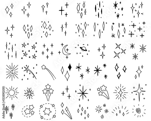 Set of sparkles star icons - Classic Line Series, Hand drawn Style simple doodle elements Celebrities, Rating, Quality, Award, Ornate, Lens Flare Sparks Glitter, Party, Decoration, Firework, Luxury.