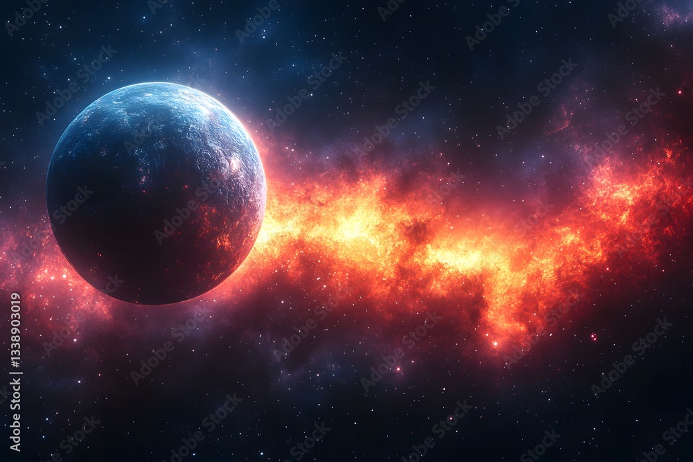 Fototapeta premium Cosmic Symphony: A solitary planet hangs suspended in the infinite expanse of the cosmos, encircled by a vibrant nebula of fiery reds and deep blues.