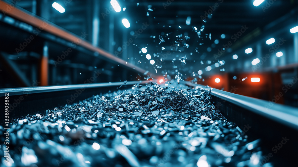 Φωτογραφία A close-up of shredded scrap metal traveling along a conveyor belt, with metalli