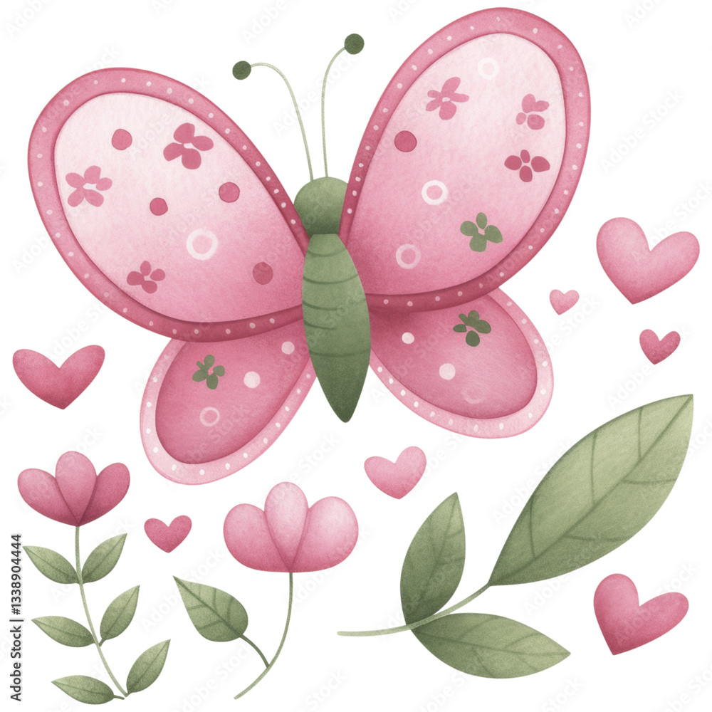 Fototapeta premium pink butterfly with floral patterns surrounded by hearts and leaves, creating whimsical and cheerful design