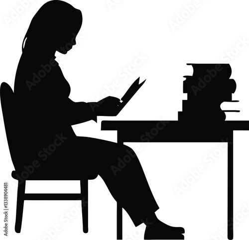 a girl reading book on the sitting chair in front of reading table silhouette