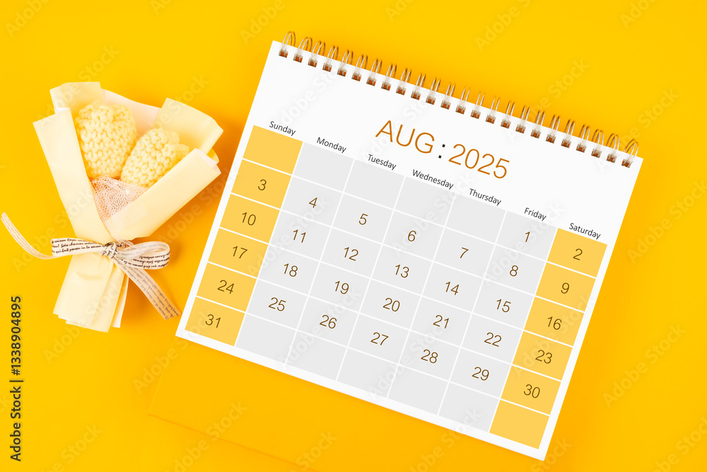 Fototapeta premium August 2025 desk calendar with bouquet flower on yellow background.