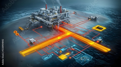 Futuristic 3D rendering of an offshore carbon capture system integrated with fossil fuel rigs featuring advanced emissions control technology AI powered automation and a network of pipes tanks
