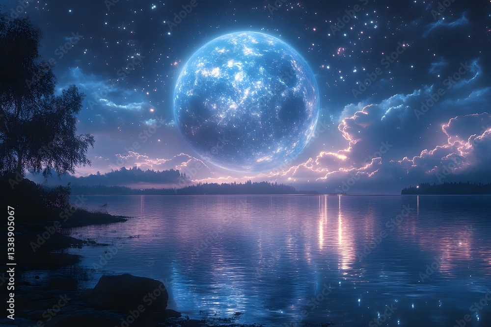 Fototapeta premium Celestial Serenity: A breathtaking view of a massive, luminous blue moon reflecting on tranquil waters, under a starlit sky, creating a mesmerizing scene. 