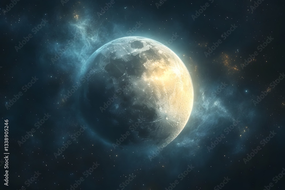 Obraz premium Celestial Majesty: A radiant full moon dominates a cosmic canvas of swirling nebulas and stars, evoking a sense of wonder and the mysteries of the universe.