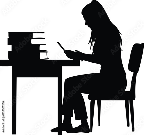 Woman Reading A Book At The Table silhouette