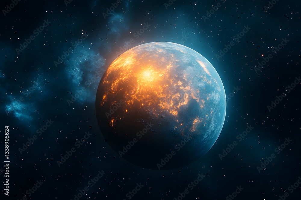 Fototapeta premium Celestial Sphere: A vibrant planet glows with fiery hues, a mesmerizing sight set against the backdrop of a star-studded cosmic expanse, inviting exploration and wonder.