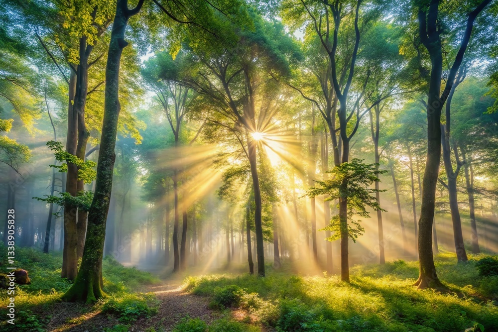 Naklejka premium Misty Forest Sunlight, Tranquil Nature Scene, Peaceful Woods, Sunbeams Through Trees, Atmospheric Landscape Photography