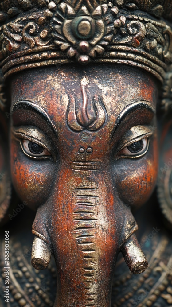 Intimate closeup of ganesha's face spiritual art photography and cultural heritage Intimate closeup of ganesha's face spiritual art photography and cultural heritage