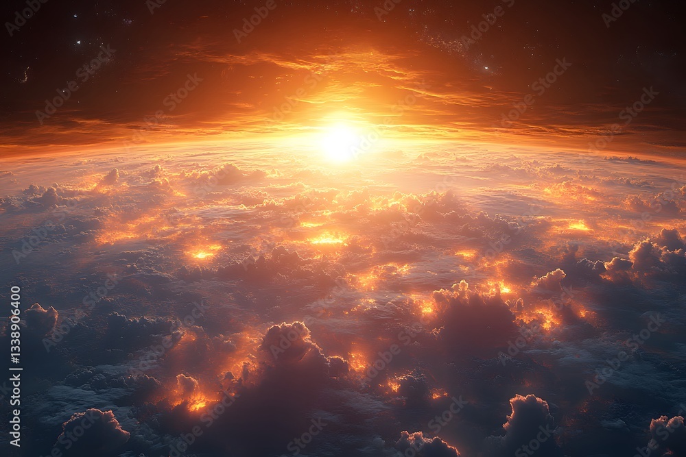 Fototapeta premium Celestial Dawn: An awe-inspiring aerial view of the earth bathed in the warm glow of a sunrise, clouds dance in the atmosphere, reflecting the radiant hues of the sun. 