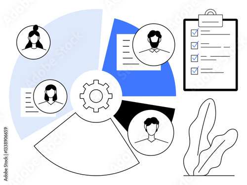 Gear connecting four user profiles, pie chart visuals, and a checklist clipboard. Ideal for teamwork, task allocation, HR management, collaboration, performance tracking, workflow optimization flat