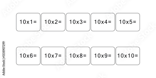 Multiplication and division table of 10. Maths card with an example, drawing. Multiplication Square, vector illustration. Printed products, banner, table for children. School education.
