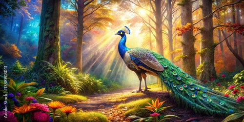 Ultra HD Panoramic Peacock in a Vibrant Painted Forest - Artistic Nature Stock Photo