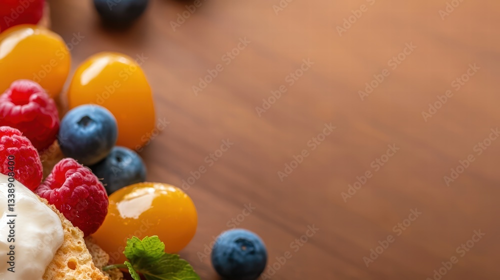 A delectable dessert plated with an assortment of fresh fruit topped with light creamy whipped topping A delectable dessert plated with an assortment of fresh fruit topped with light creamy whipped topping
