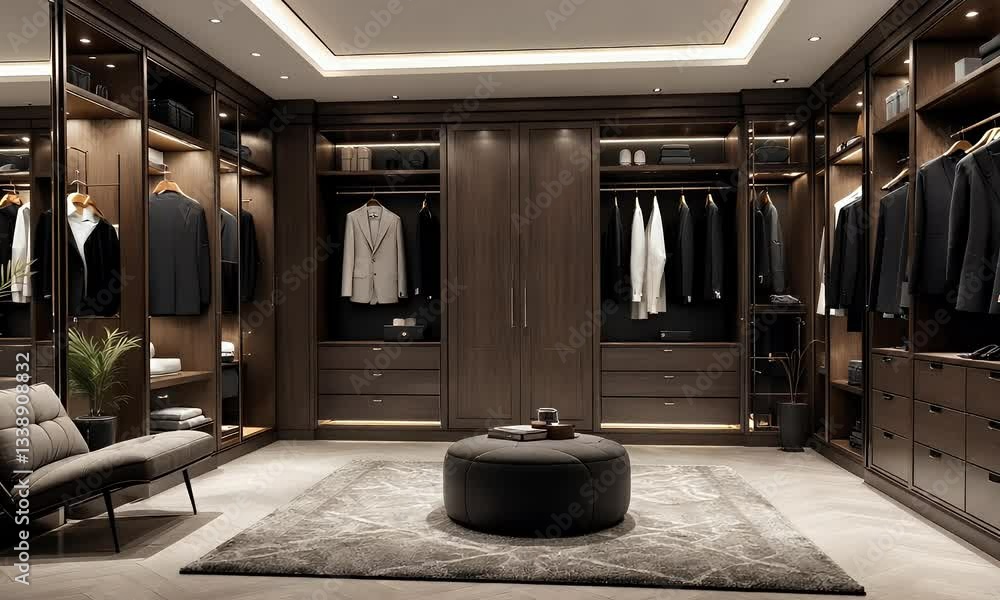 Luxurious Dark Wood Walk In Closet Interior Design with Gray Rug and ...