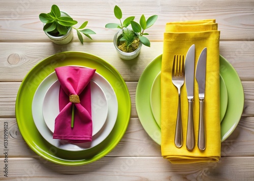 Minimalist Table Setting: Two Dishes, Silverware, Napkin on Gray
