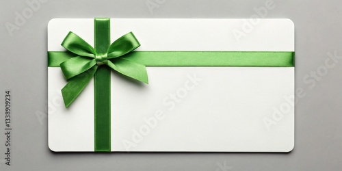 Blank white gift voucher and sale. Gift card with a green ribbon on a plain background, ready for any occasion.