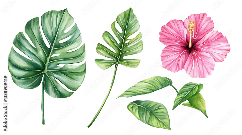 Obraz premium Tropical leaves and flowers pattern. Seamless watercolor floral pattern with monstera leaf, tropic palm, plumeria pink and yellow flower