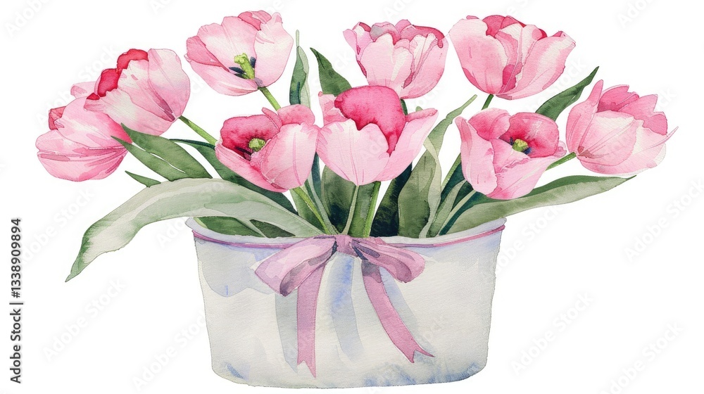 Sticker, pink tulips in heart-shaped box with ribbon Sticker, pink tulips in heart-shaped box with ribbon