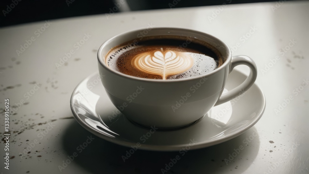 Fototapeta premium Latte art in white coffee cup on saucer, rustic tabletop setting