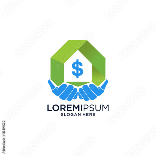 Green and Blue Geometric House Logo with Hands and Dollar Sign