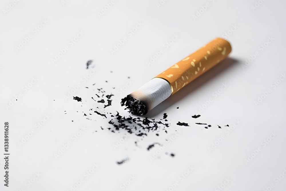 Obraz premium Broken cigarette surrounded by ash on a white background