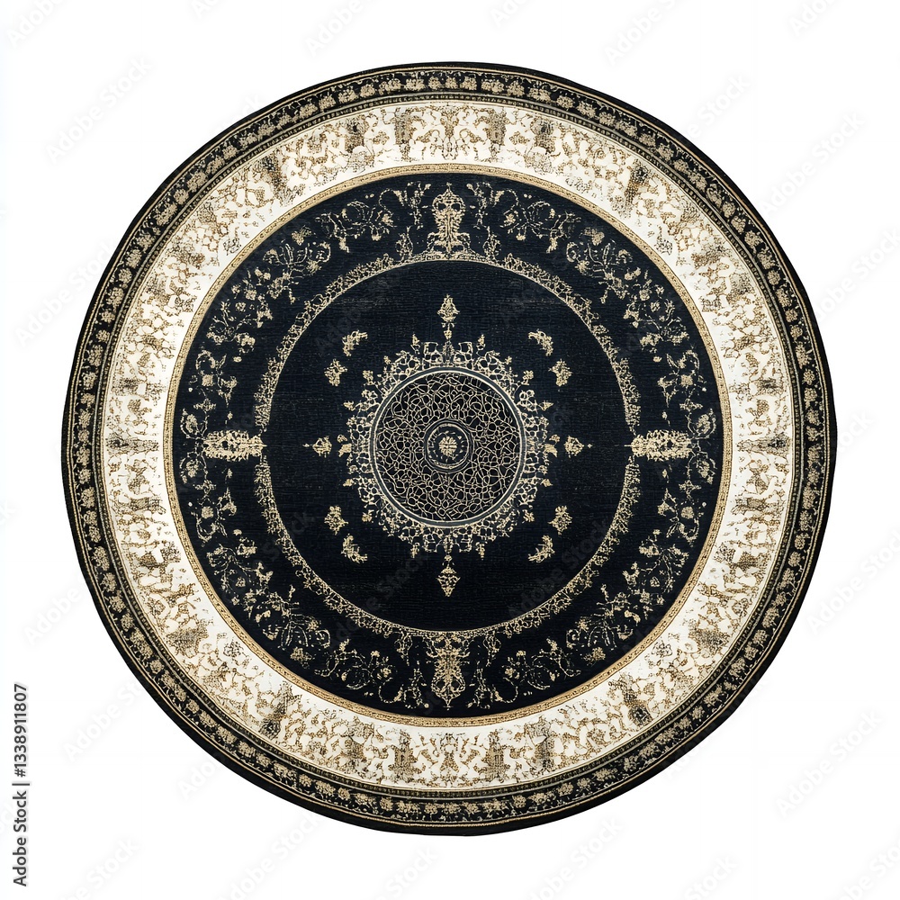 Obraz premium Elegant Black and Gold Round Rug Design Intricate Mandala Pattern Home Decor