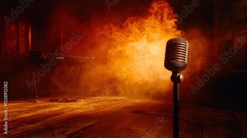 A classic vintage microphone stands alone in a smoky environment, evoking nostalgia and the power of music, ideal for music-related artwork or promotional materials.