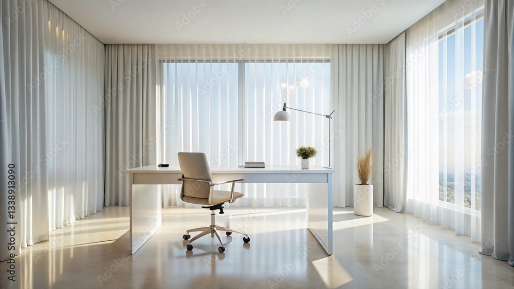 Fototapeta premium Minimalist Modern Home Office Workspace: White Curtains, Desk, Chair, Clean Design