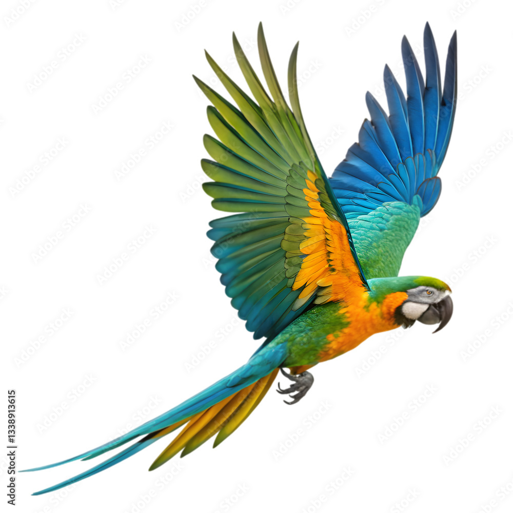 Fototapeta premium Flying Blue-and-gold Macaw on transparent background