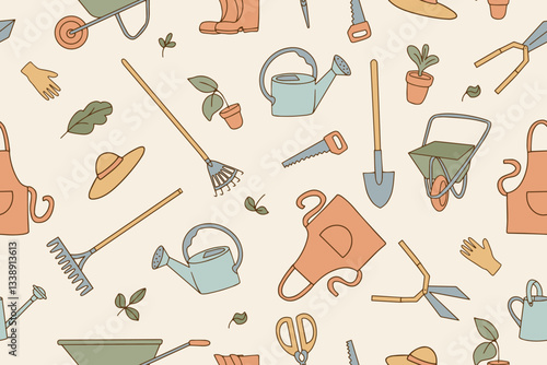Seamless pattern of garden tools in doodle style. Watering can, hoe, bucket, hose, pitchfork, shovel, wheelbarrow, trowel, pruner, tree seedlings, garden fork, rake and other line icons. Bright vector