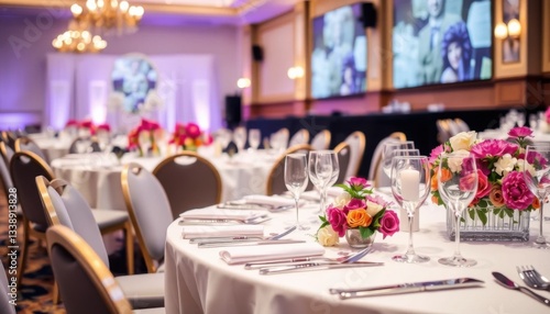 Elegant wedding reception setup banquet hall event decor upscale environment inviting viewpoint memorable celebration