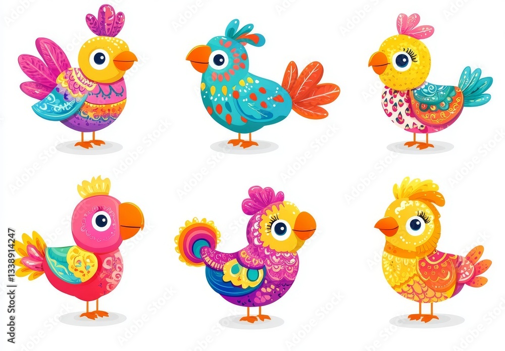 A collection of birds featuring different folk ornaments, designed in a Scandinavian paper cut style. This modern, hand-drawn, colored set is trendy and flat, with all elements isolated A collection of birds featuring different folk ornaments, designed in a Scandinavian paper cut style. This modern, hand-drawn, colored set is trendy and flat, with all elements isolated