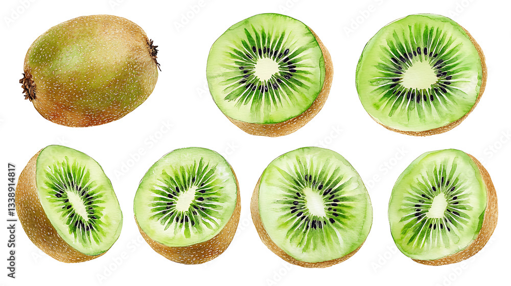 Fototapeta premium Set of kiwi fruits. Watercolor illustration. Collection of fruits. Isolated on white background. Hand paint.