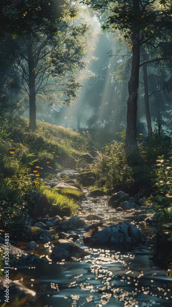 Obraz premium Sunlight filtering through a dense forest, 4K hyperrealistic photo