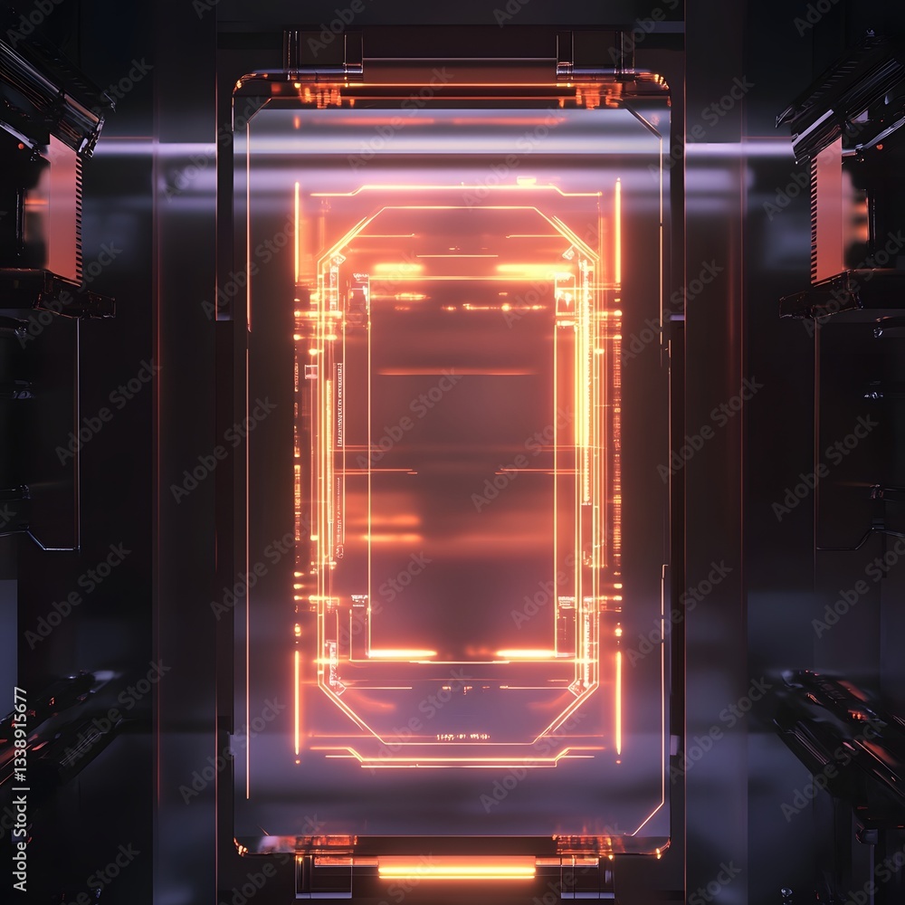 Fototapeta premium Futuristic cyber security concept featuring a glowing digital lock on a transparent data panel with high tech neon like lighting effects The image conveys a sense of technological power