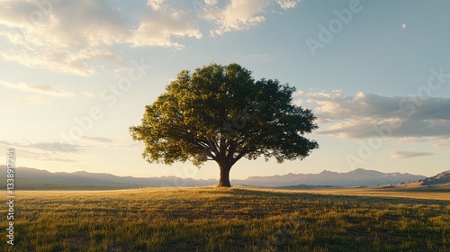 Timeless Beauty: A solitary tree stands majestic in a vast open field, embraced by the soft glow of dawn or dusk, evoking feelings of peace and resilience. 