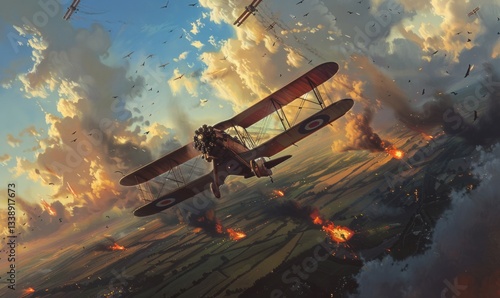 WWI pilots in a dogfight over the trenches, biplanes twisting in the sky.