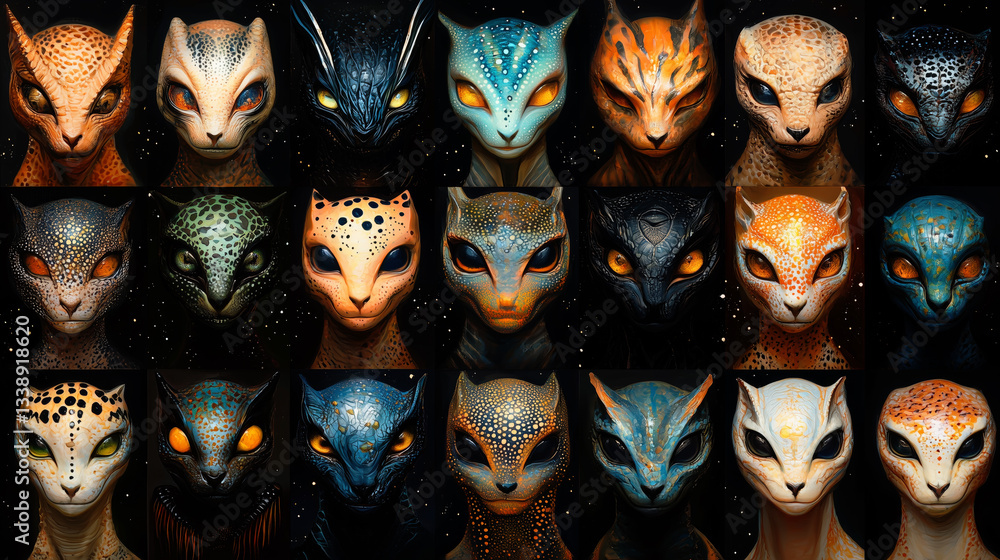 Set of feline and reptilian alien humanoid portraits with glowing eyes and intricate patterns in a cosmic setting. Each has distinct colors, textures, and expressions, creating a mystical aura. Set of feline and reptilian alien humanoid portraits with glowing eyes and intricate patterns in a cosmic setting. Each has distinct colors, textures, and expressions, creating a mystical aura.