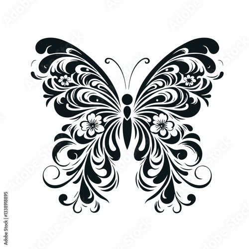 Ornate black butterfly design with floral patterns on a white background  