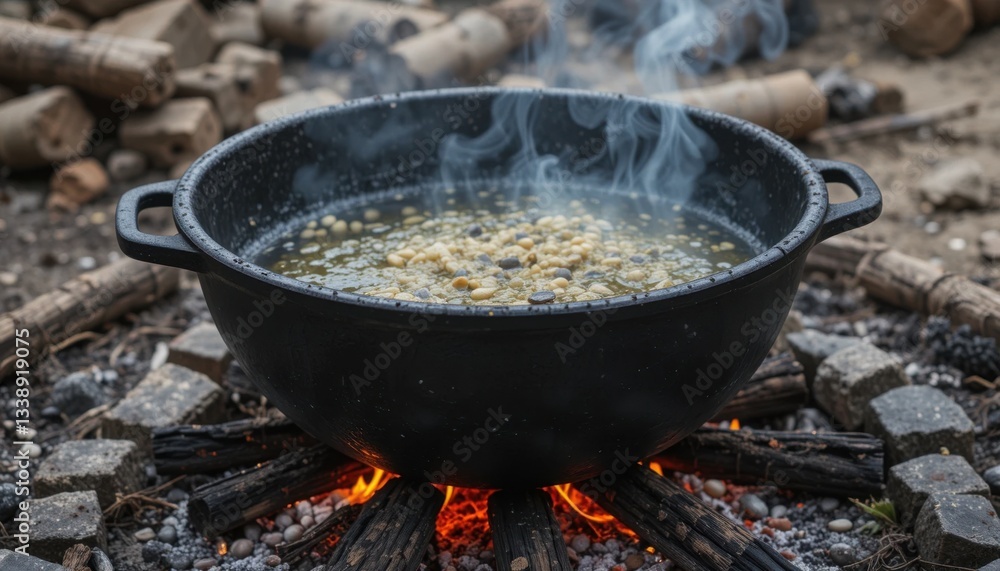 Cooking delicious soup over open fire campsite culinary photography outdoor setting close-up campfire experience Cooking delicious soup over open fire campsite culinary photography outdoor setting close-up campfire experience