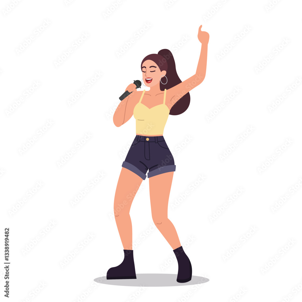 woman singing using mic. flat character design of woman posing while singing. simple minimalist flat character design woman singing using mic. flat character design of woman posing while singing. simple minimalist flat character design